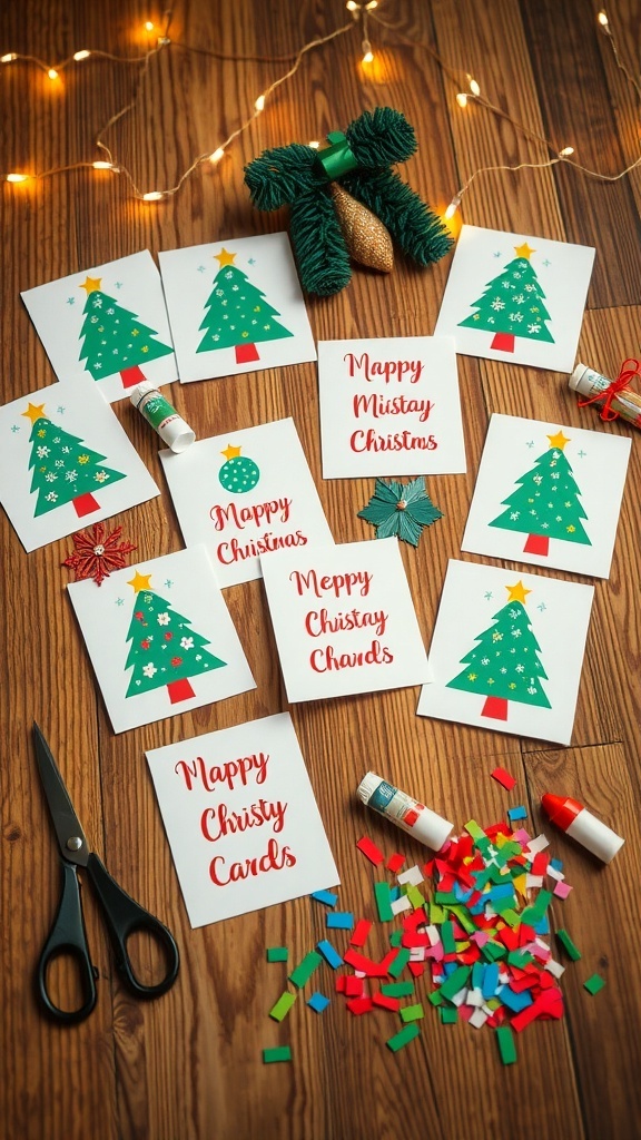 A collection of DIY Christmas cards with various designs on a wooden table, surrounded by crafting materials.